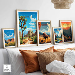 Joshua Tree Poster National Park displayed in a stylish interior setting with other national park artworks.