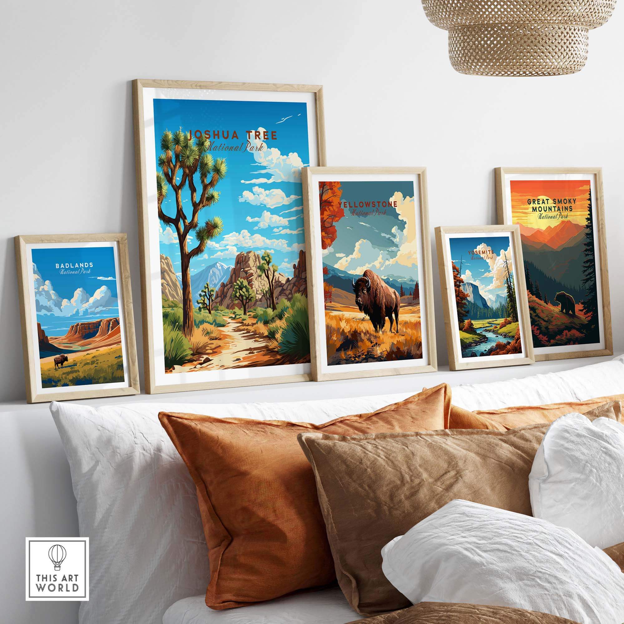 Joshua Tree Poster National Park displayed in a stylish interior setting with other national park artworks.