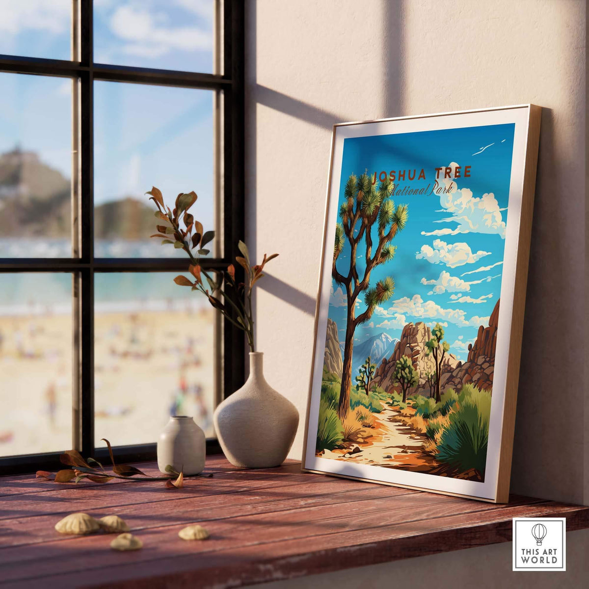 Joshua Tree Poster National Park displayed by a window in a cozy home setting with desert landscape artwork.