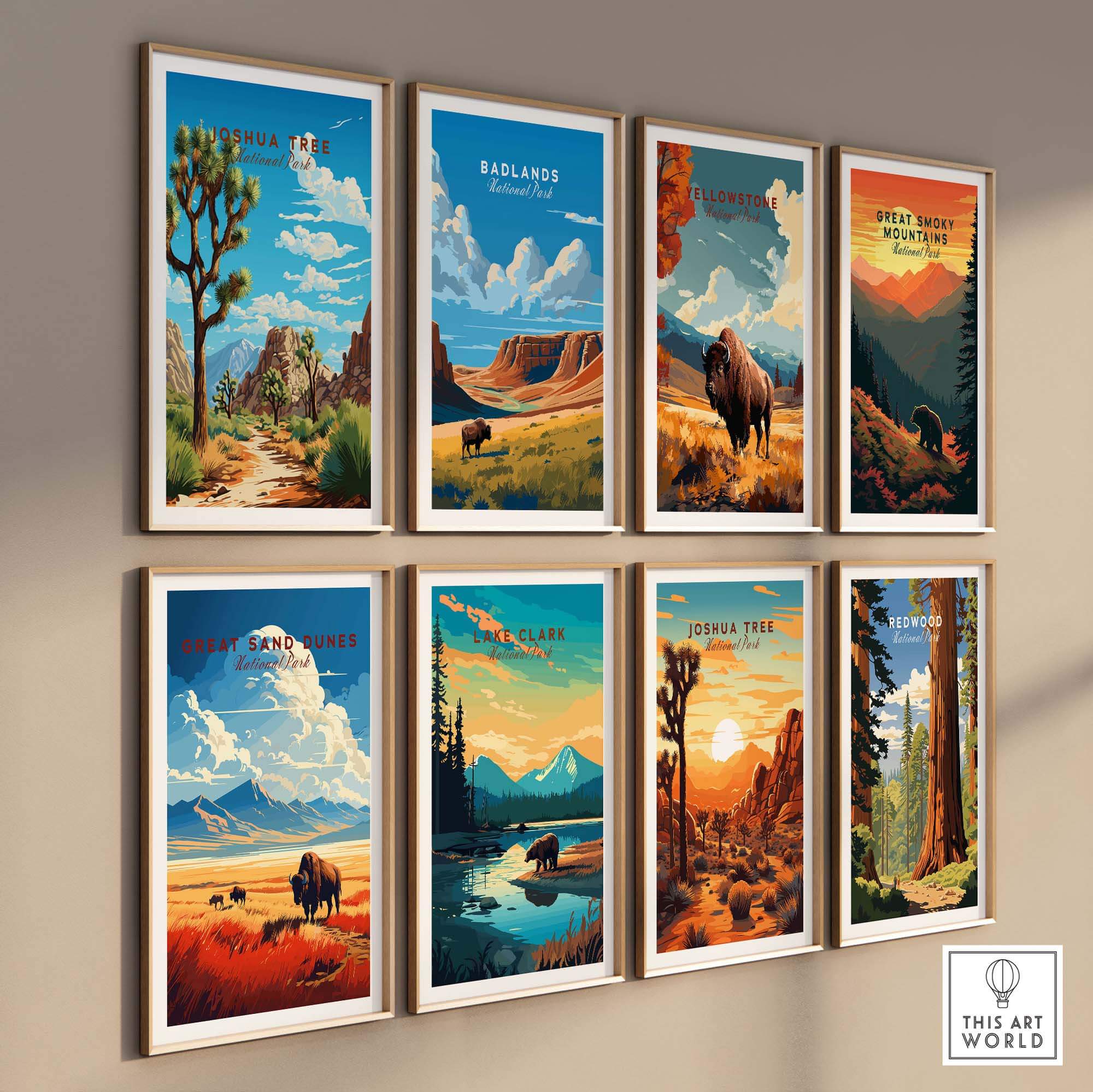 Joshua Tree Poster National Park collection featuring vibrant artwork of iconic landscapes.