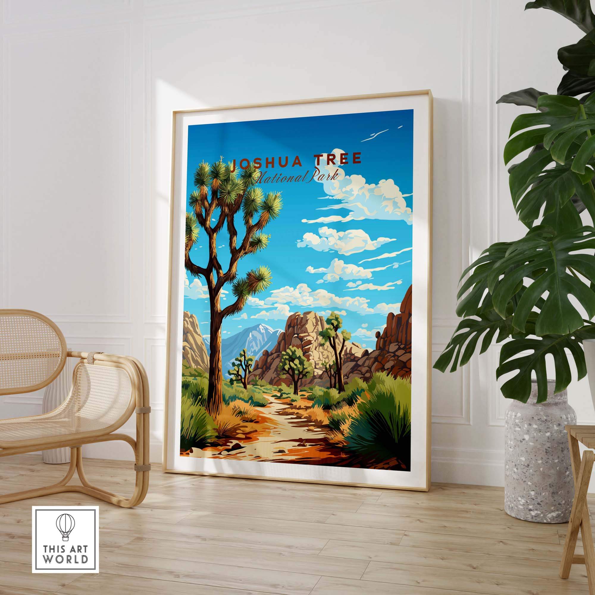 Joshua Tree Poster National Park featuring vibrant colors of the desert landscape and a decorative frame.