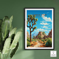 Joshua Tree Poster National Park displayed in a stylish frame against a green wall with tropical leaves.