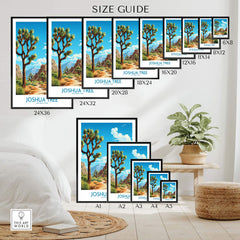 Size guide for Joshua Tree Print showcasing various frame sizes with desert landscape and vibrant colors.