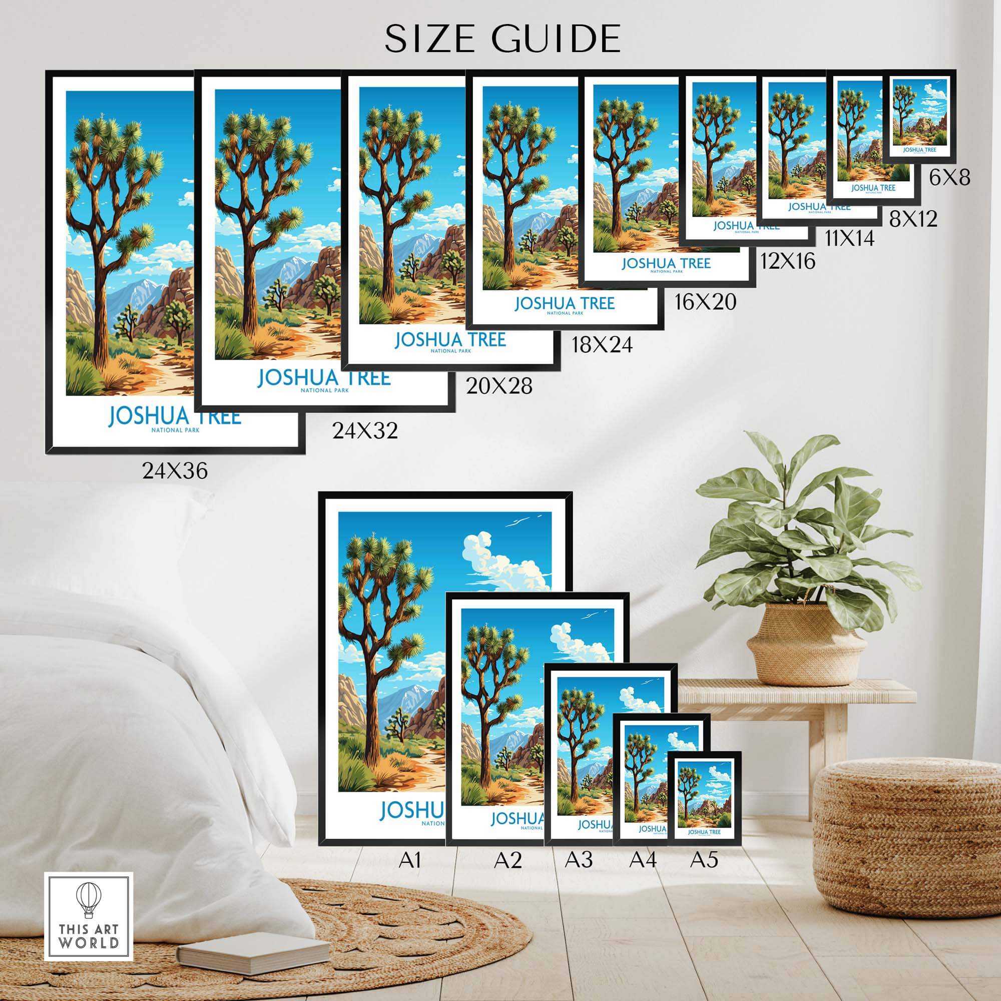 Size guide for Joshua Tree Print showcasing various frame sizes with desert landscape and vibrant colors.