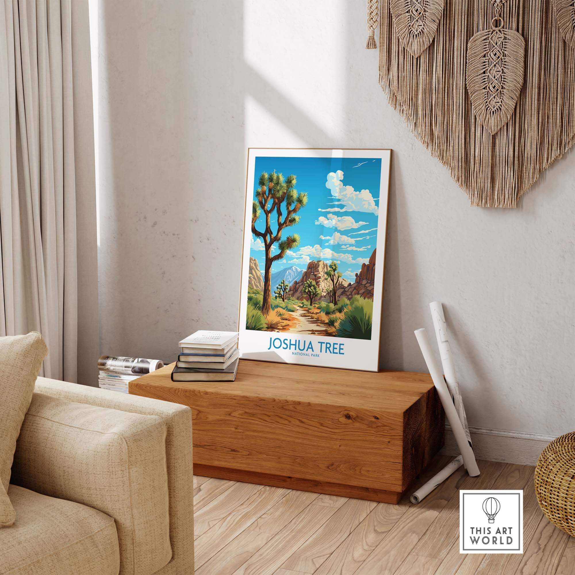 Joshua Tree Print featuring a vibrant desert landscape in a cozy interior setting.