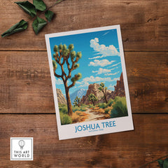 Joshua Tree Print featuring a vibrant illustration of Joshua trees and a desert landscape, perfect for home or office decor.