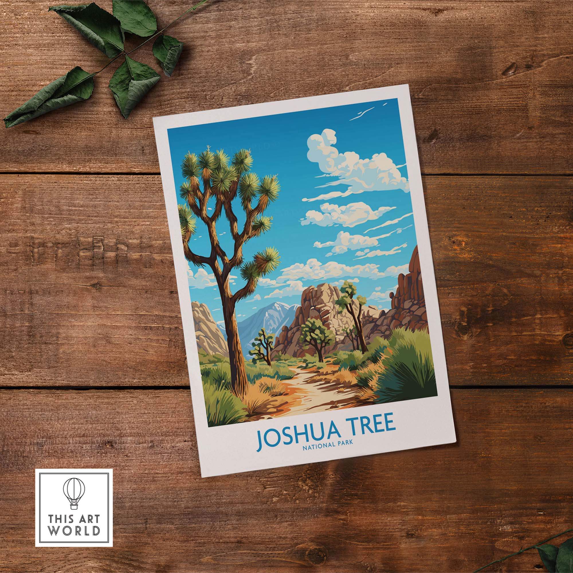 Joshua Tree Print featuring a vibrant illustration of Joshua trees and a desert landscape, perfect for home or office decor.
