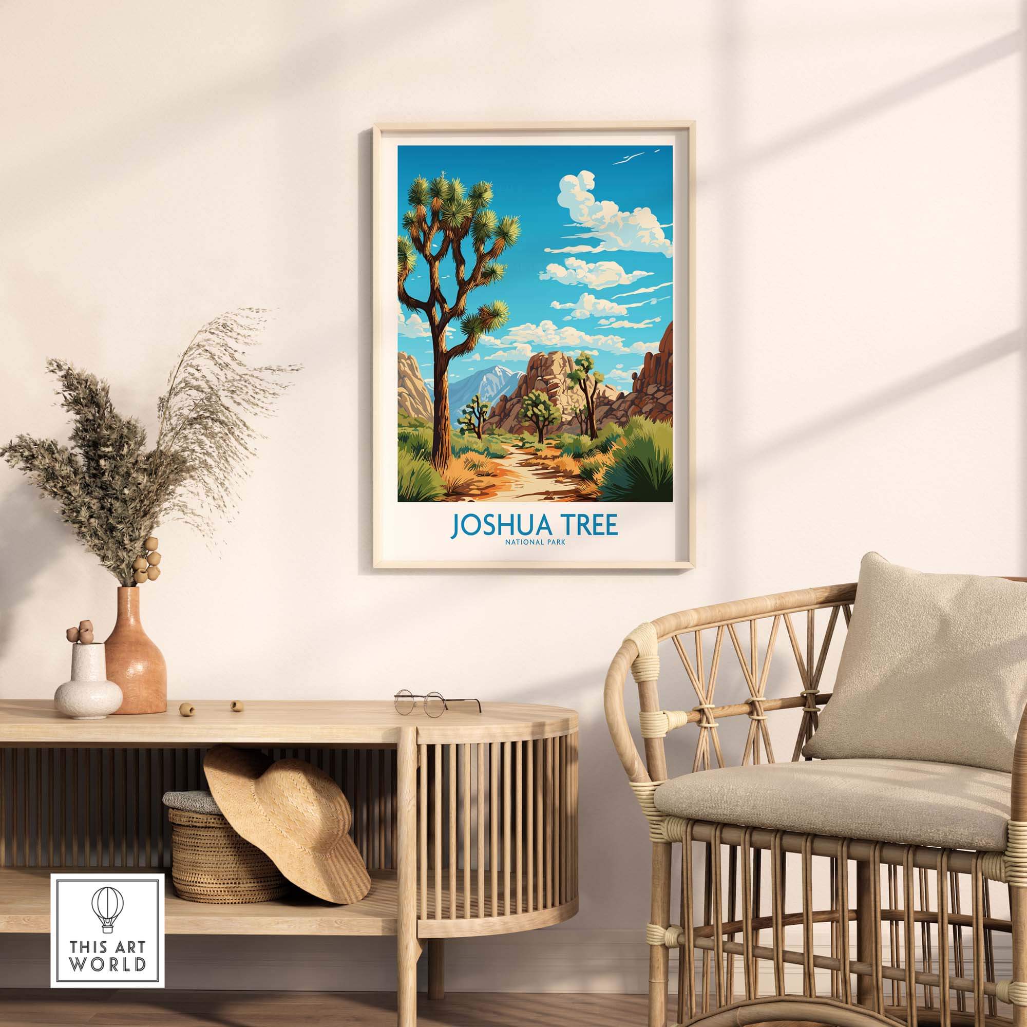 Joshua Tree Print featuring desert landscape and iconic Joshua trees in a stylish home setting.