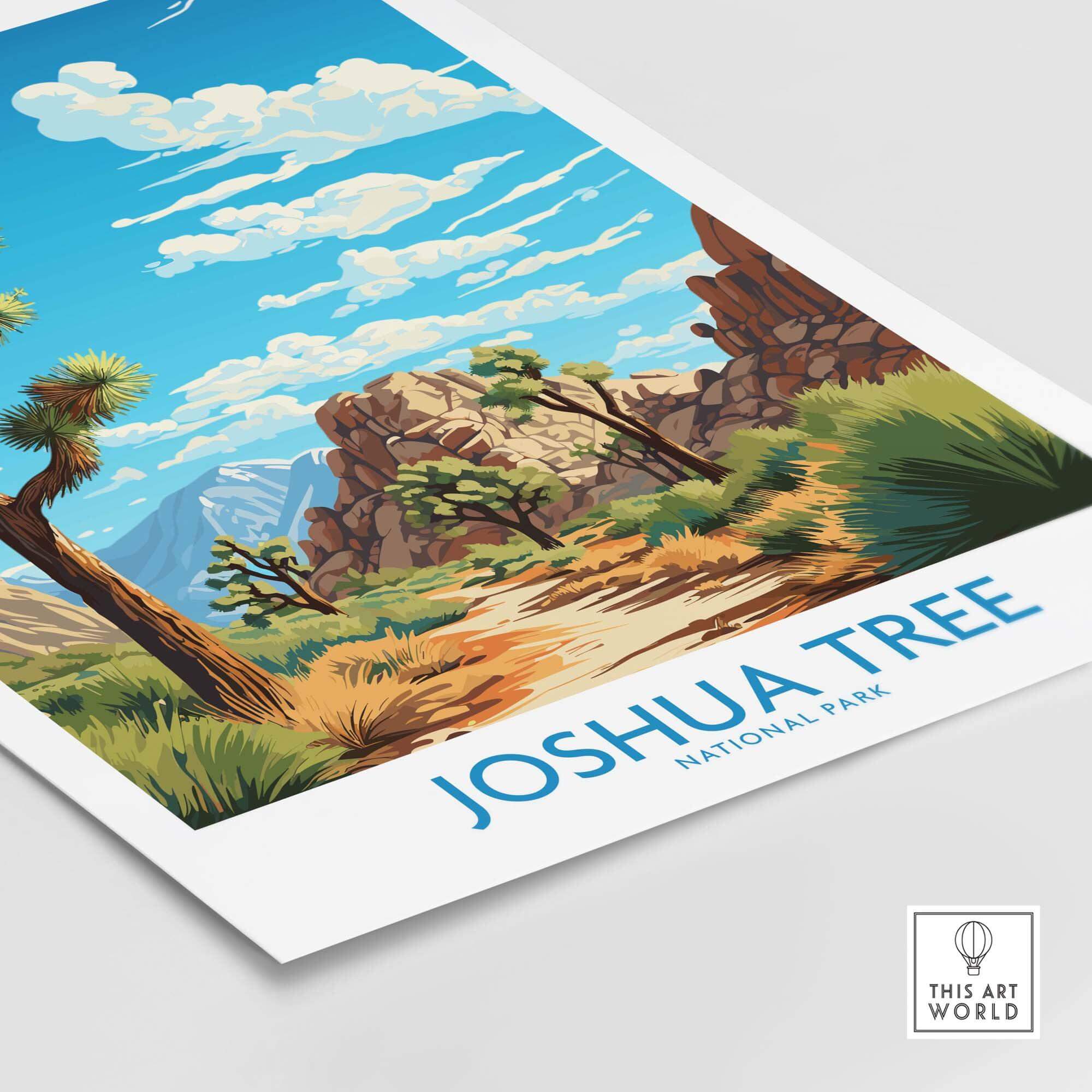 Joshua Tree Print showcasing a vibrant illustration of Joshua Tree National Park with desert scenery and blue sky.