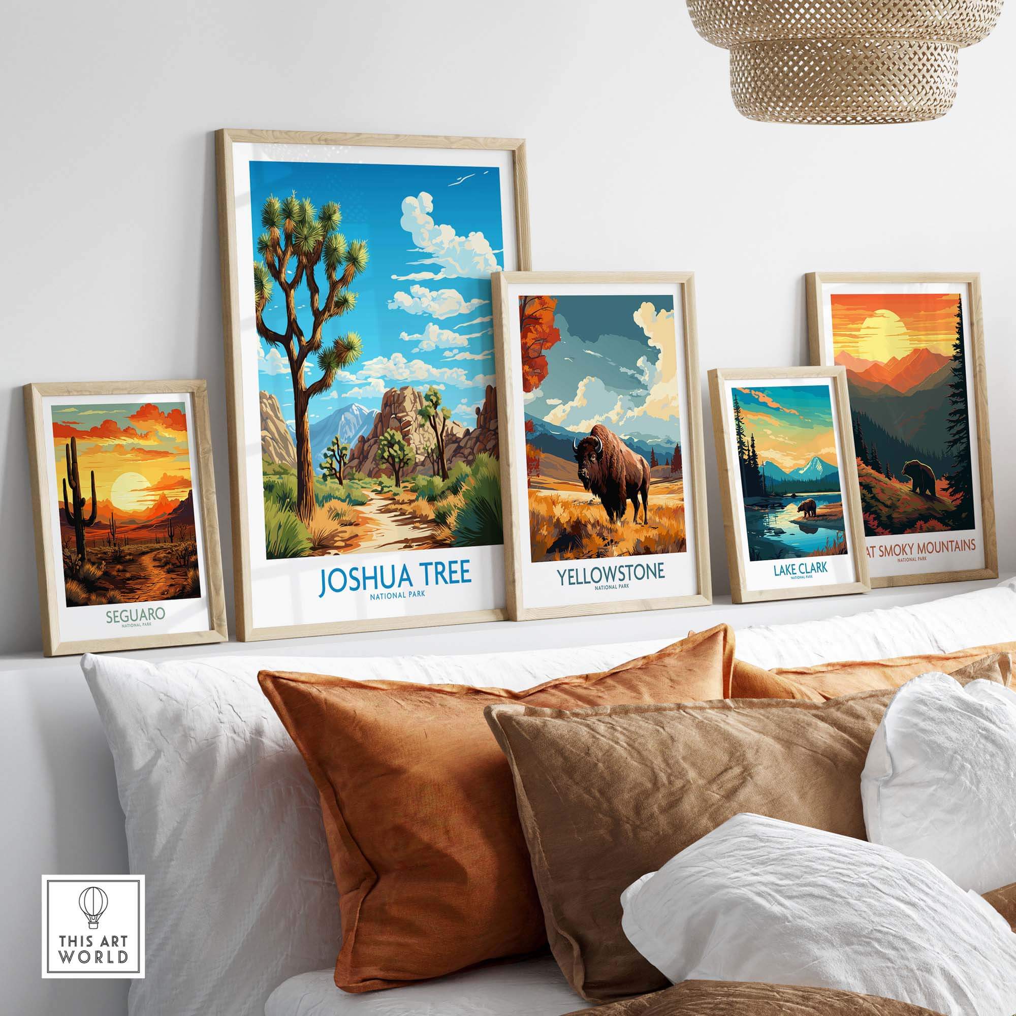 Joshua Tree Print displayed among nature-themed art prints on a stylish wall, ideal for home or office decor.