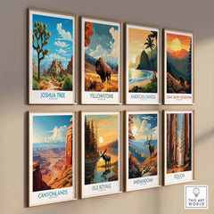 Joshua Tree Print and national park art collection displayed on a wall.