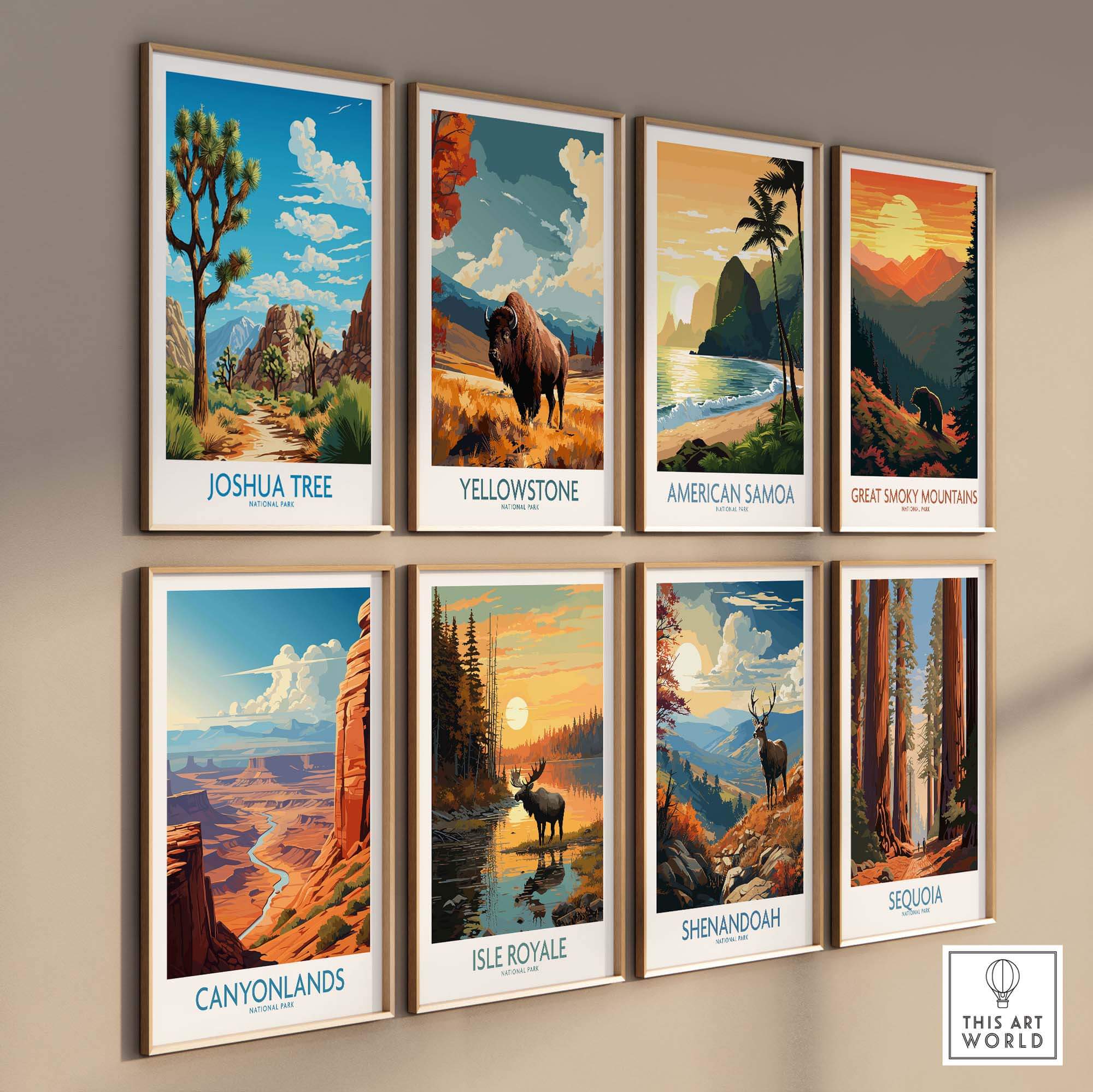 Joshua Tree Print and national park art collection displayed on a wall.