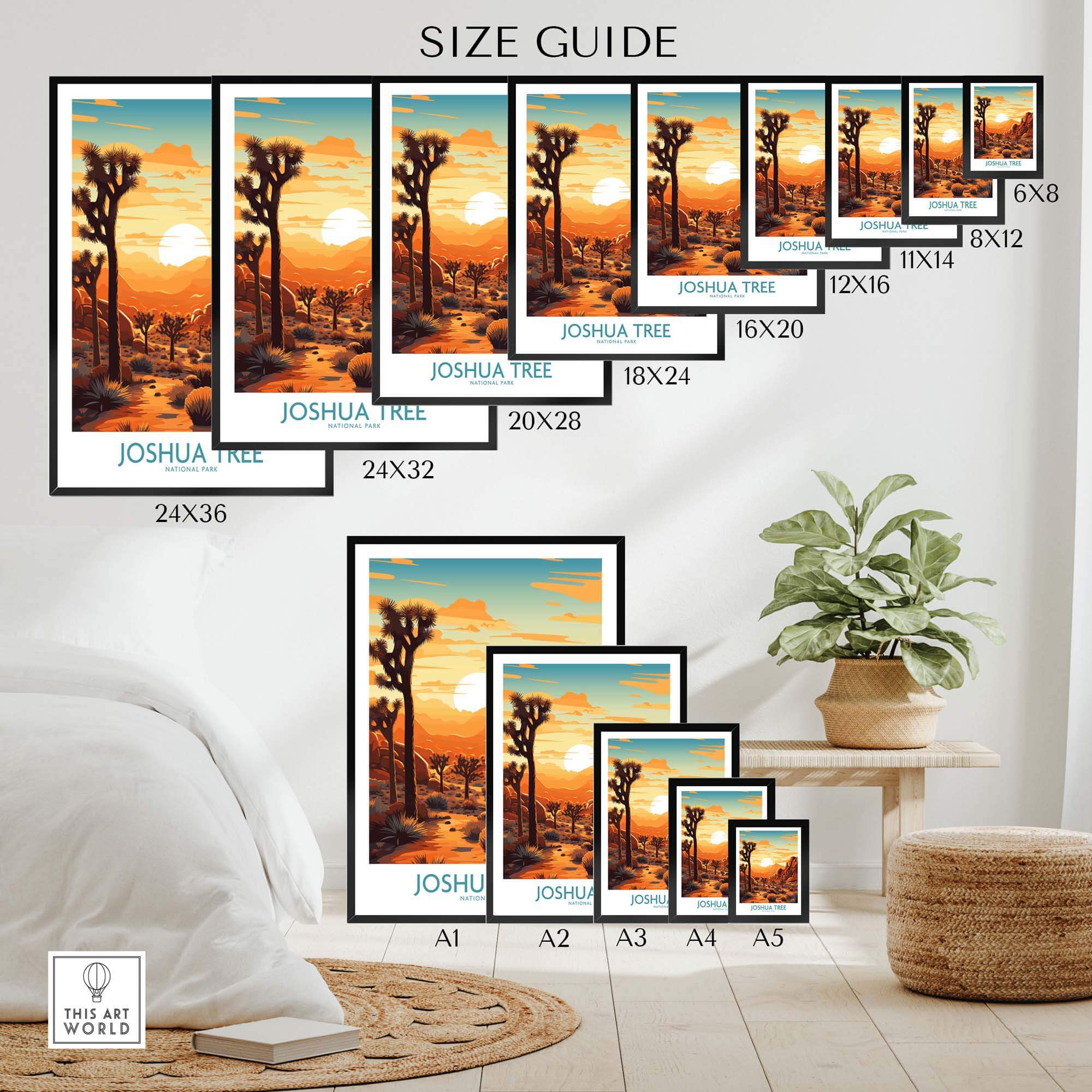 Size guide for Joshua Tree Wall Art Poster showcasing various frame sizes and home decor options.