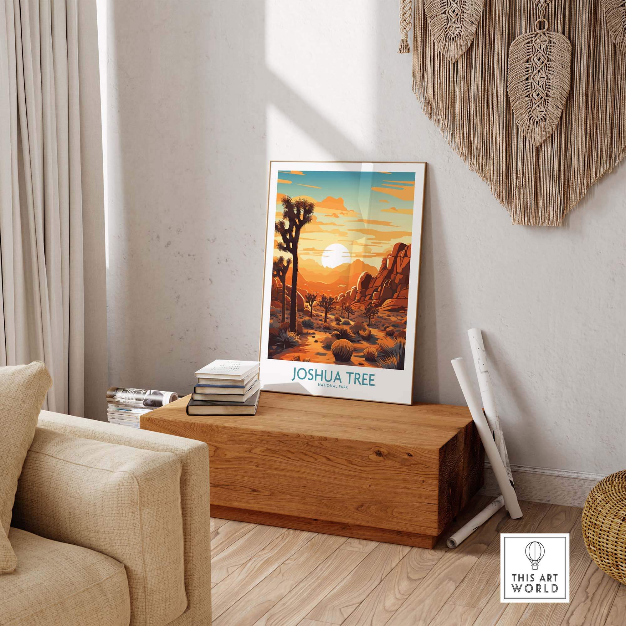 Joshua Tree Wall Art Poster displayed in a modern living room with sunset colors and desert scenery.