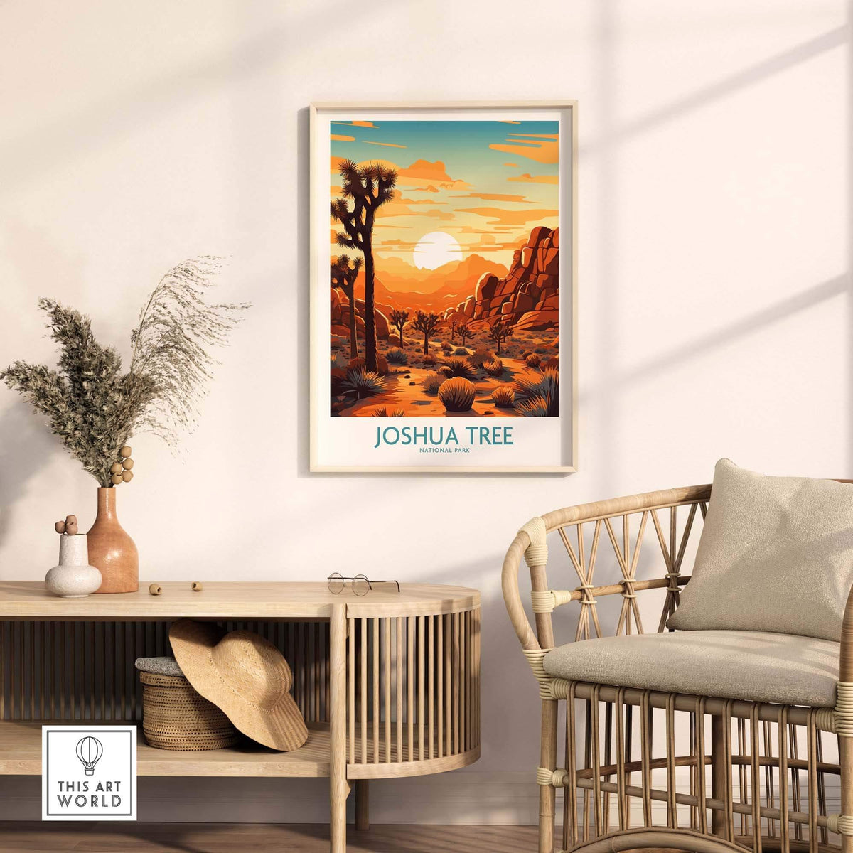 Joshua Tree Wall Art Poster featuring a sunset over a desert landscape with vibrant colors.
