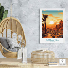 Joshua Tree Wall Art Poster featuring a sunset over Joshua trees in a stylish home decor setting.
