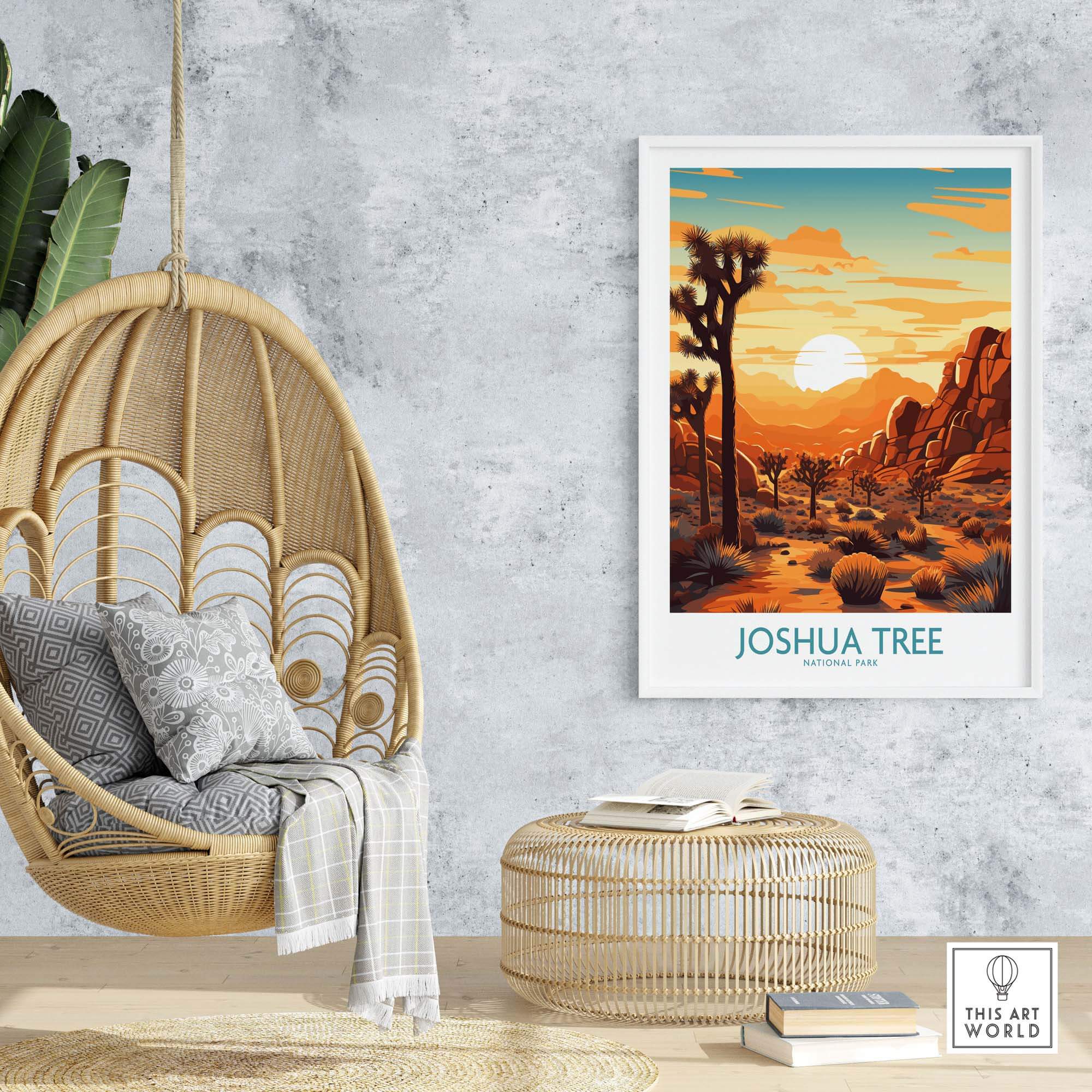 Joshua Tree Wall Art Poster featuring a sunset over Joshua trees in a stylish home decor setting.