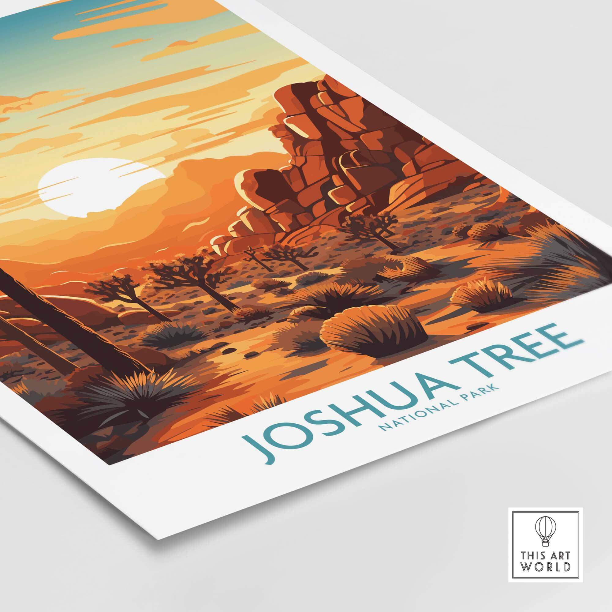 Joshua Tree Wall Art Poster featuring a sunset view over the national park with vibrant colors and desert scenery.