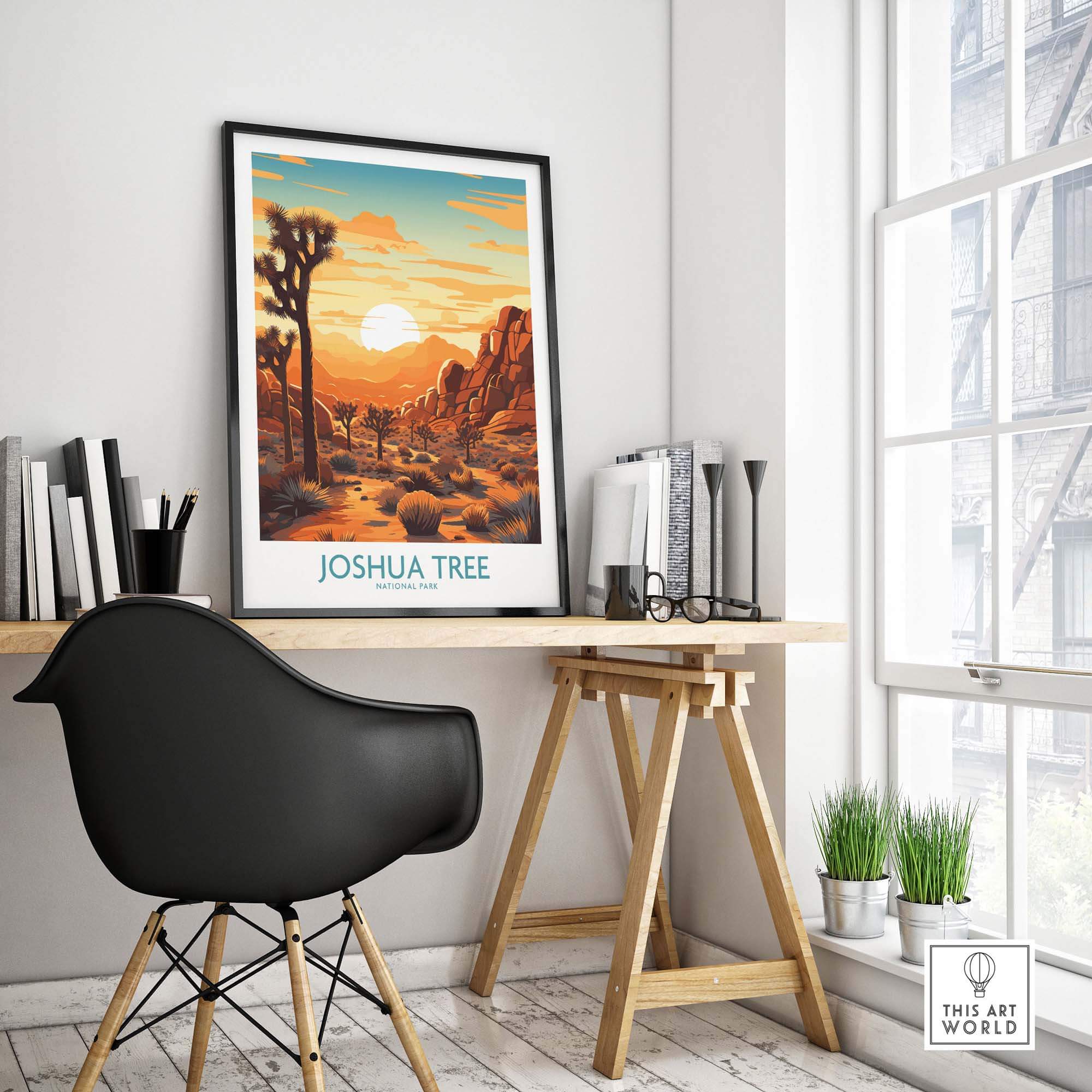 Joshua Tree Wall Art Poster displayed in a stylish home office with a sunsetting landscape.