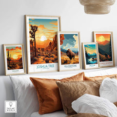 Joshua Tree Wall Art Poster featured among various national park prints on a stylish wall decor setup.