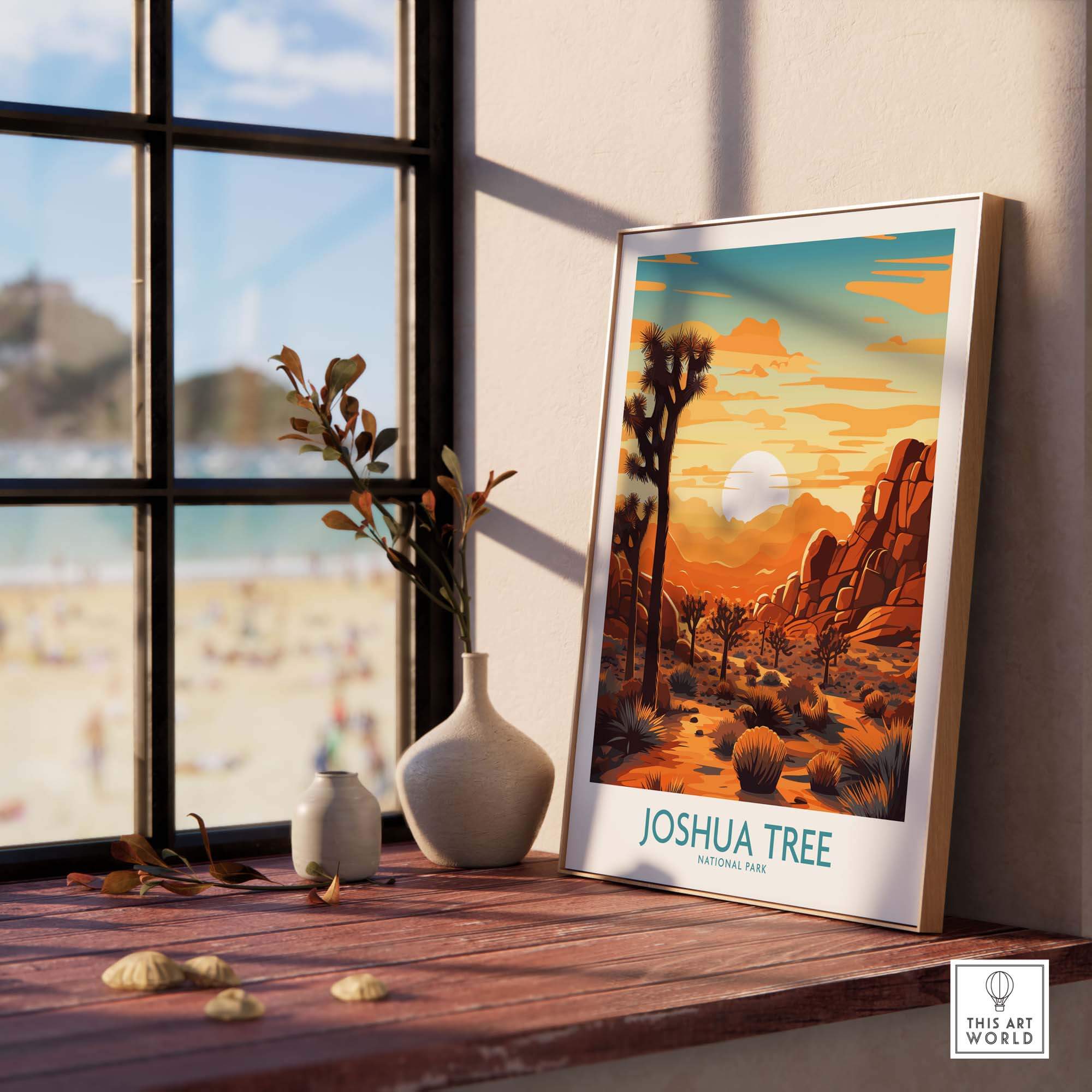 Joshua Tree Wall Art Poster displayed in a bright room with a sunset landscape and decorative vase.
