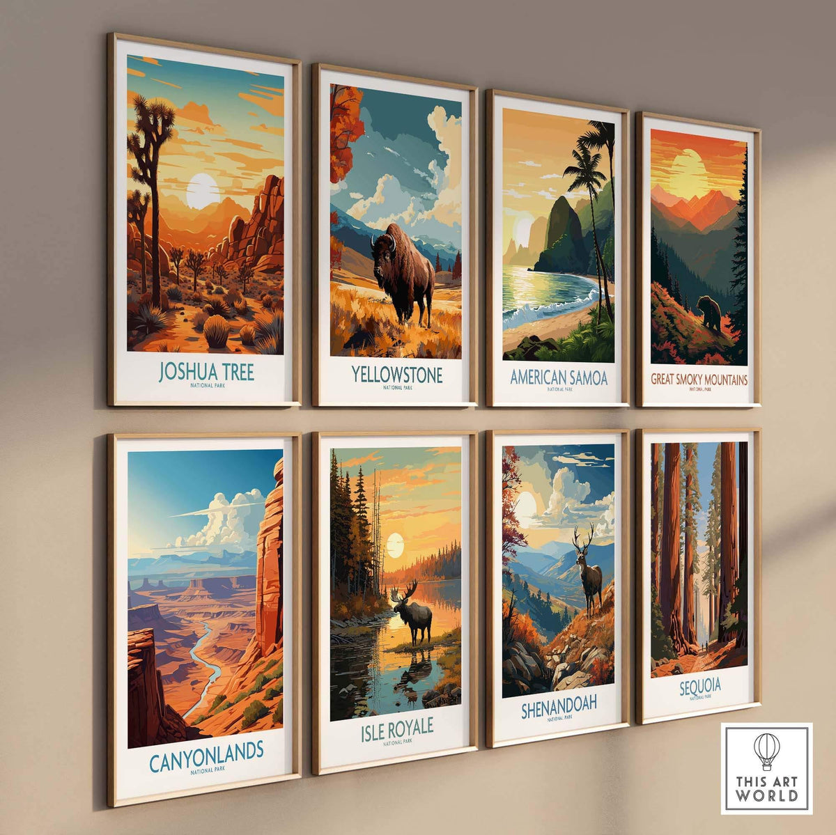 Joshua Tree Wall Art Poster featuring stunning landscapes and vibrant colors of national parks.