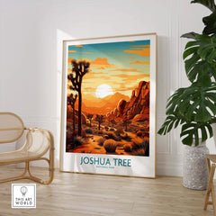 Joshua Tree Wall Art Poster featuring a sunset over Joshua Trees in a stylish room setting.