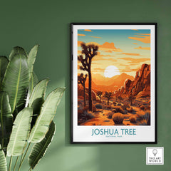 Joshua Tree Wall Art Poster featuring a sunset view over the Joshua trees and mountains in a stylish frame.