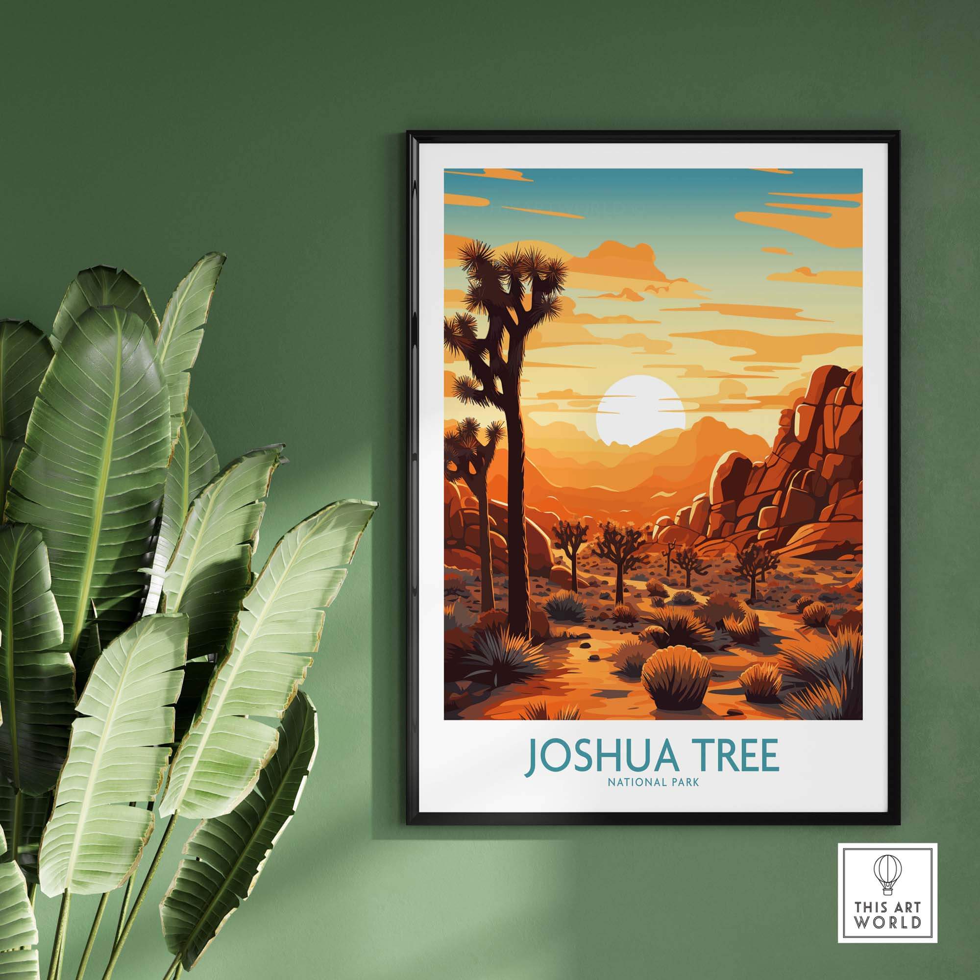 Joshua Tree Wall Art Poster featuring a sunset view over the Joshua trees and mountains in a stylish frame.