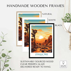 Joshua Tree Wall Art Poster displayed in handmade wooden frames in natural, white, and black color options.