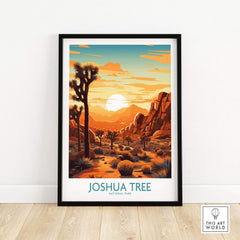Joshua Tree Wall Art Poster featuring a stunning sunset over a desert landscape with iconic Joshua trees and mountains.