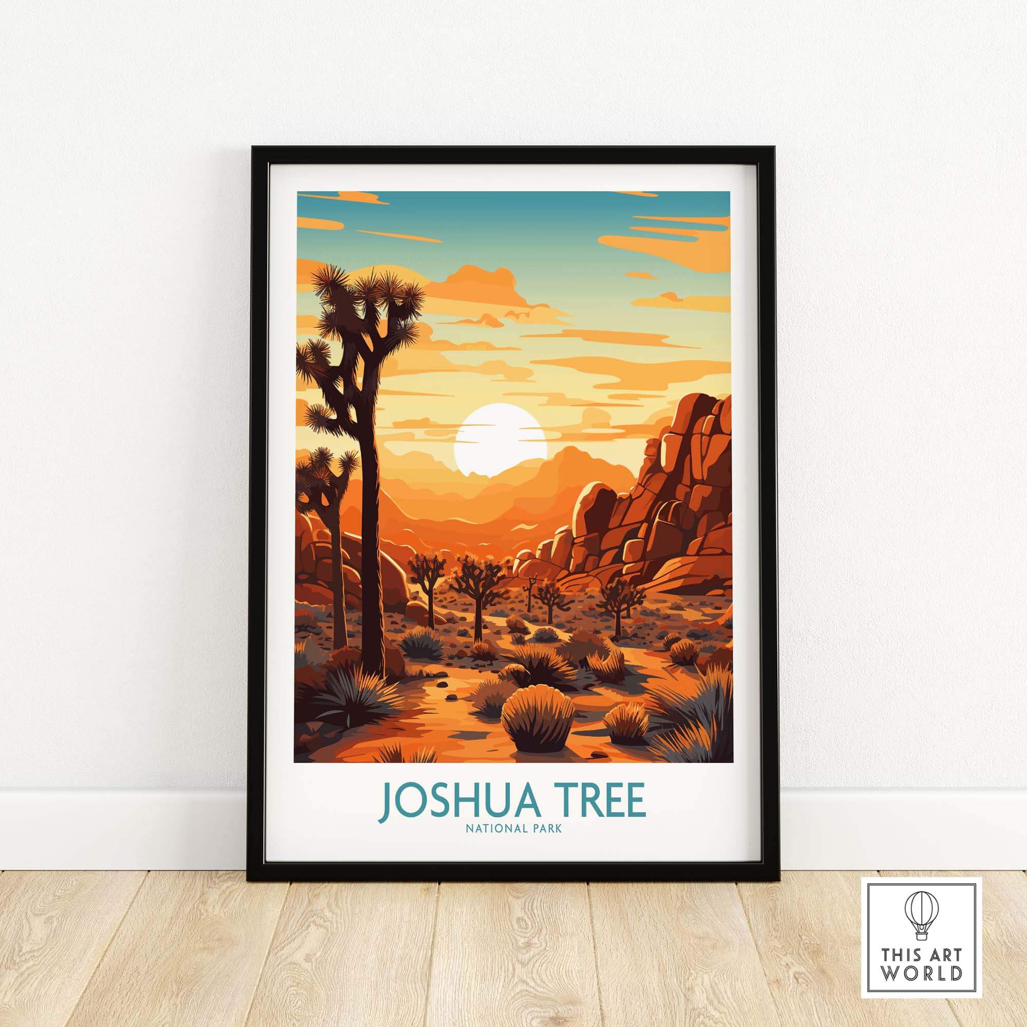 Joshua Tree Wall Art Poster featuring a stunning sunset over a desert landscape with iconic Joshua trees and mountains.