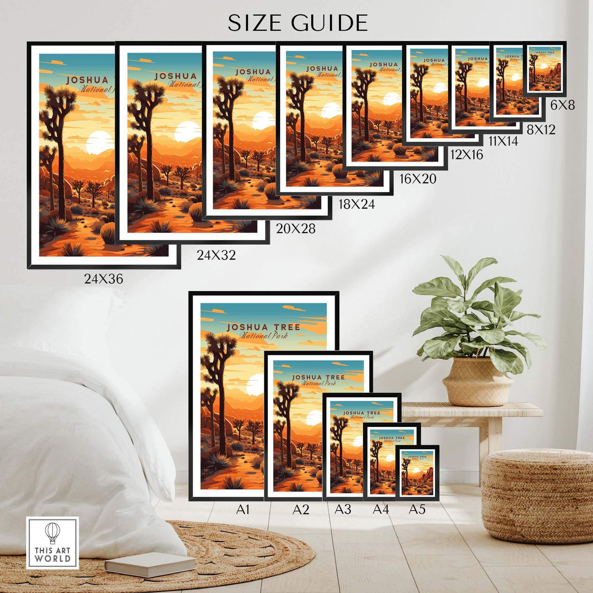 Size guide for Joshua Tree Wall Art Print showing various frame sizes and design options in a stylish interior setting.