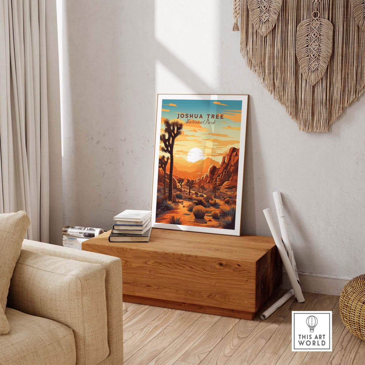 Joshua Tree Wall Art Print featuring a sunset design in a stylish living room setting.