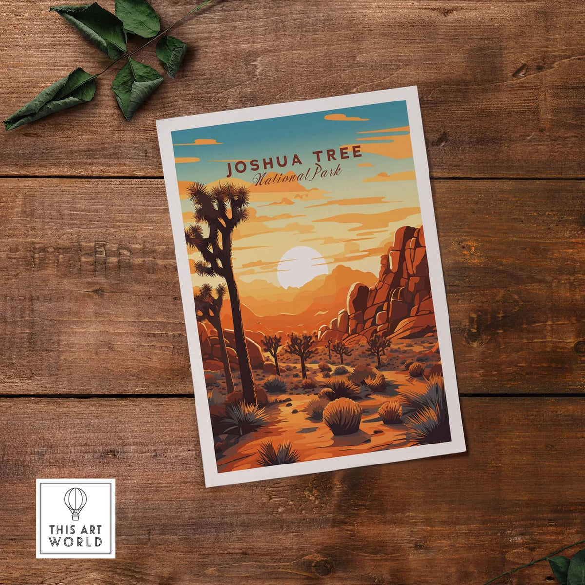 Joshua Tree Wall Art Print featuring vibrant sunset colors and National Park design on wood background.