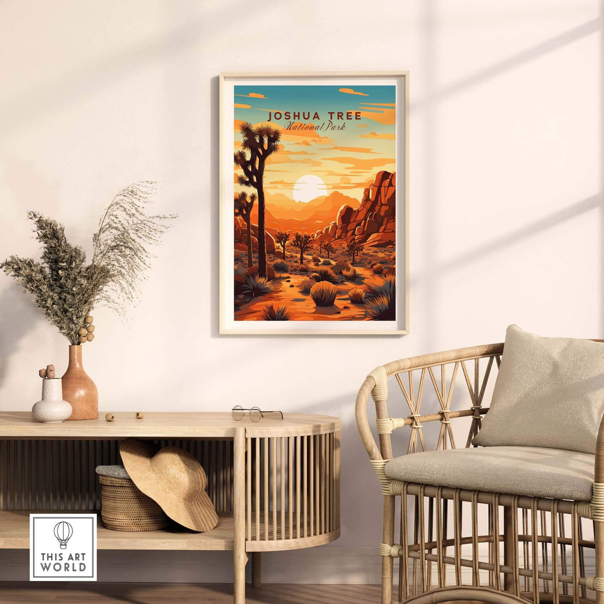 Joshua Tree Wall Art Print featuring vibrant sunset colors in a stylish living room setting.