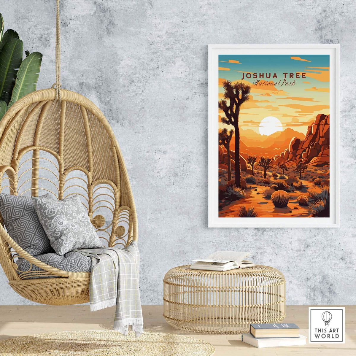Joshua Tree Wall Art Print showcasing a vibrant sunset scene in a stylish home setting.