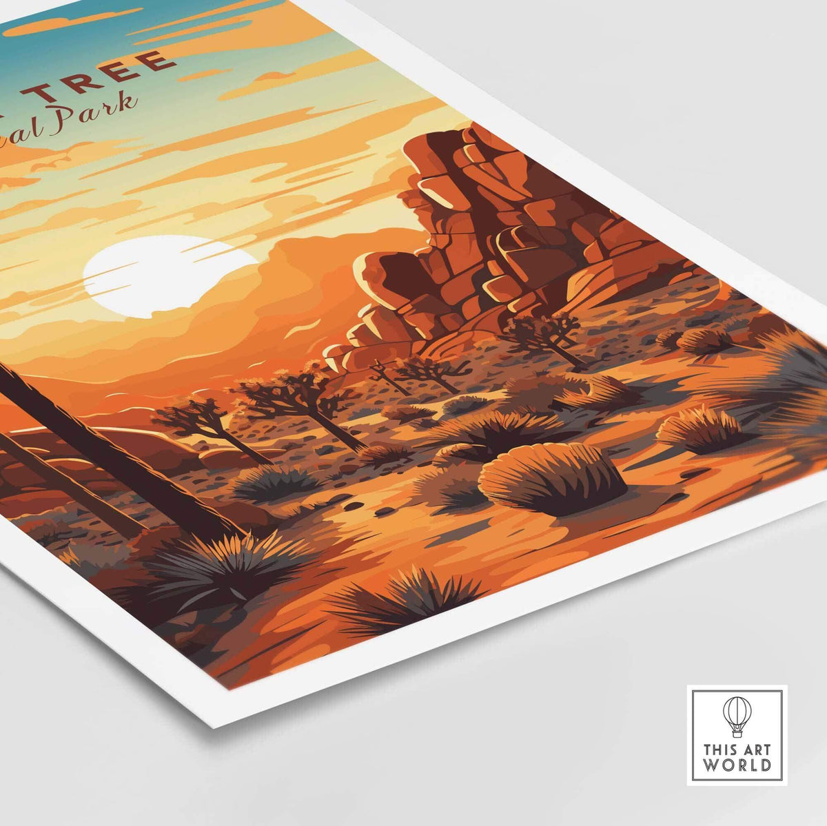 Joshua Tree Wall Art Print featuring stunning sunset colors and desert landscape details.