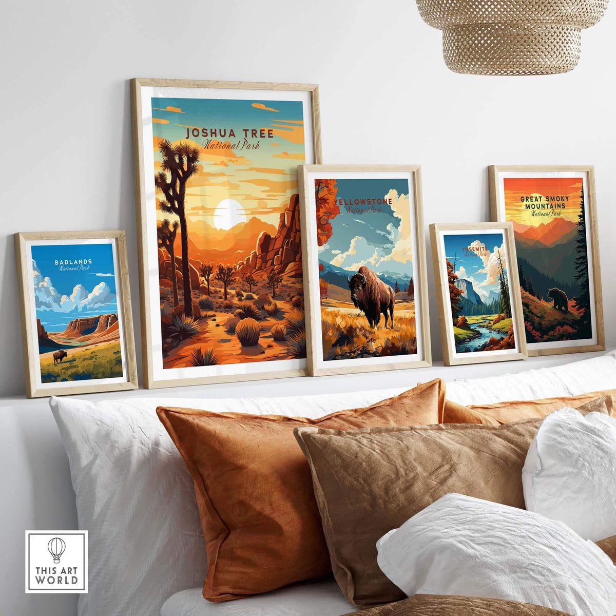 Joshua Tree Wall Art Print displayed among other National Park Posters in a stylish home setting.