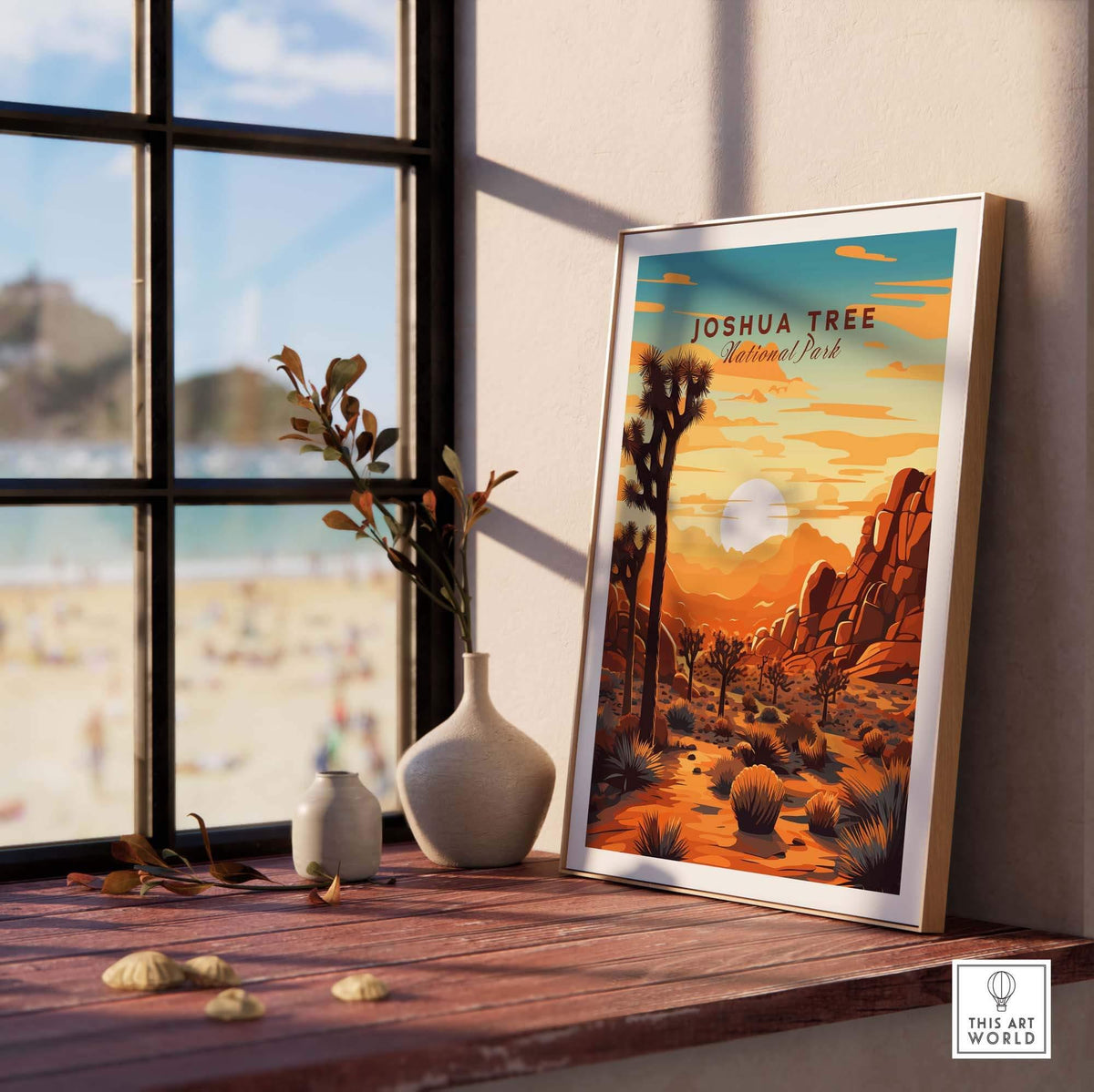 Joshua Tree Wall Art Print featuring sunset colors and National Park design in a cozy indoor setting.