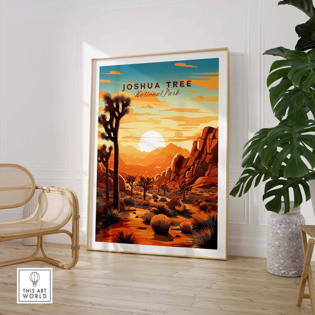 Joshua Tree Wall Art Print featuring vibrant sunset colors and National Park design in a modern home setting.