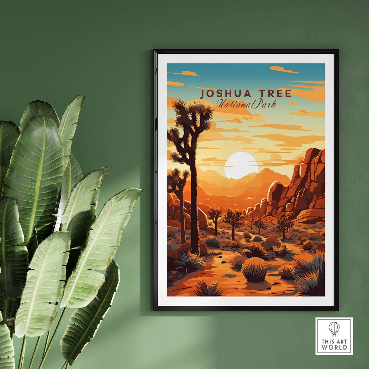 Joshua Tree Wall Art Print featuring vibrant sunset colors and desert landscape design in a stylish frame.