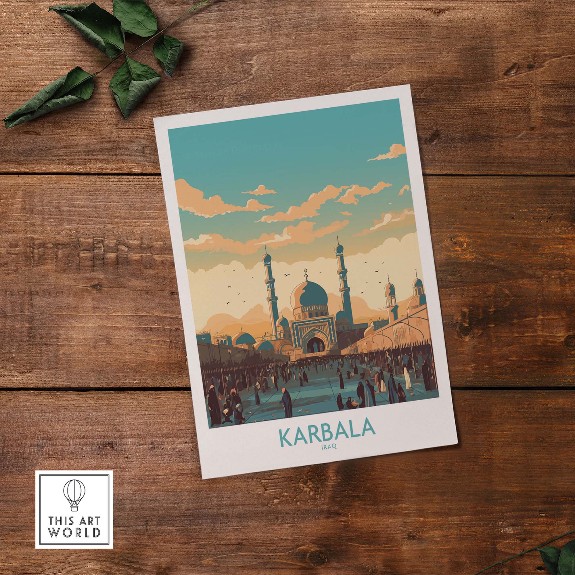 Karbala travel poster print featuring the city's iconic architecture and vibrant colors, ideal for home décor.