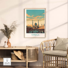 Karbala travel poster print showcasing vibrant cityscape, framed and displayed in modern home décor setting.