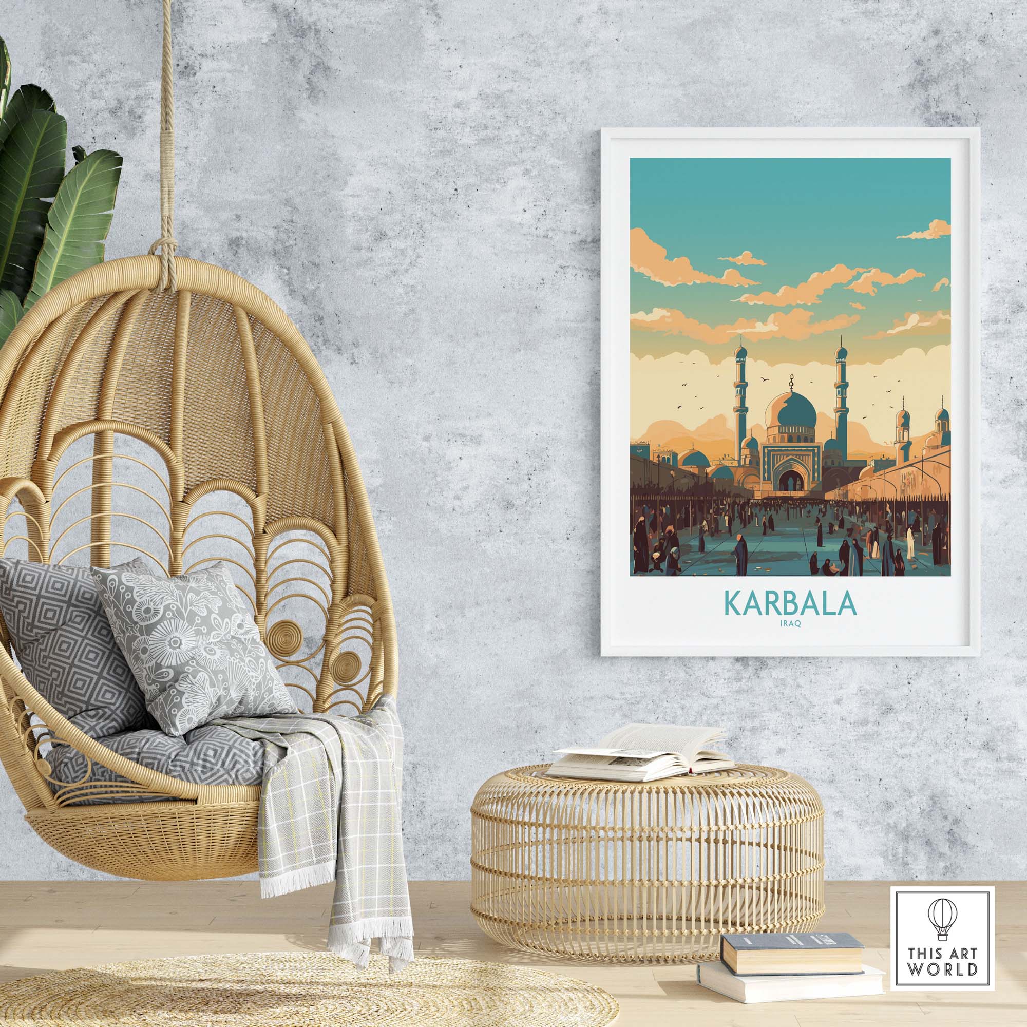 Karbala wall art travel poster showcasing the vibrant city in modern style, perfect for home décor.