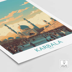 Karbala travel poster print showcasing vibrant architecture and bustling atmosphere of Iraq, perfect for home décor.