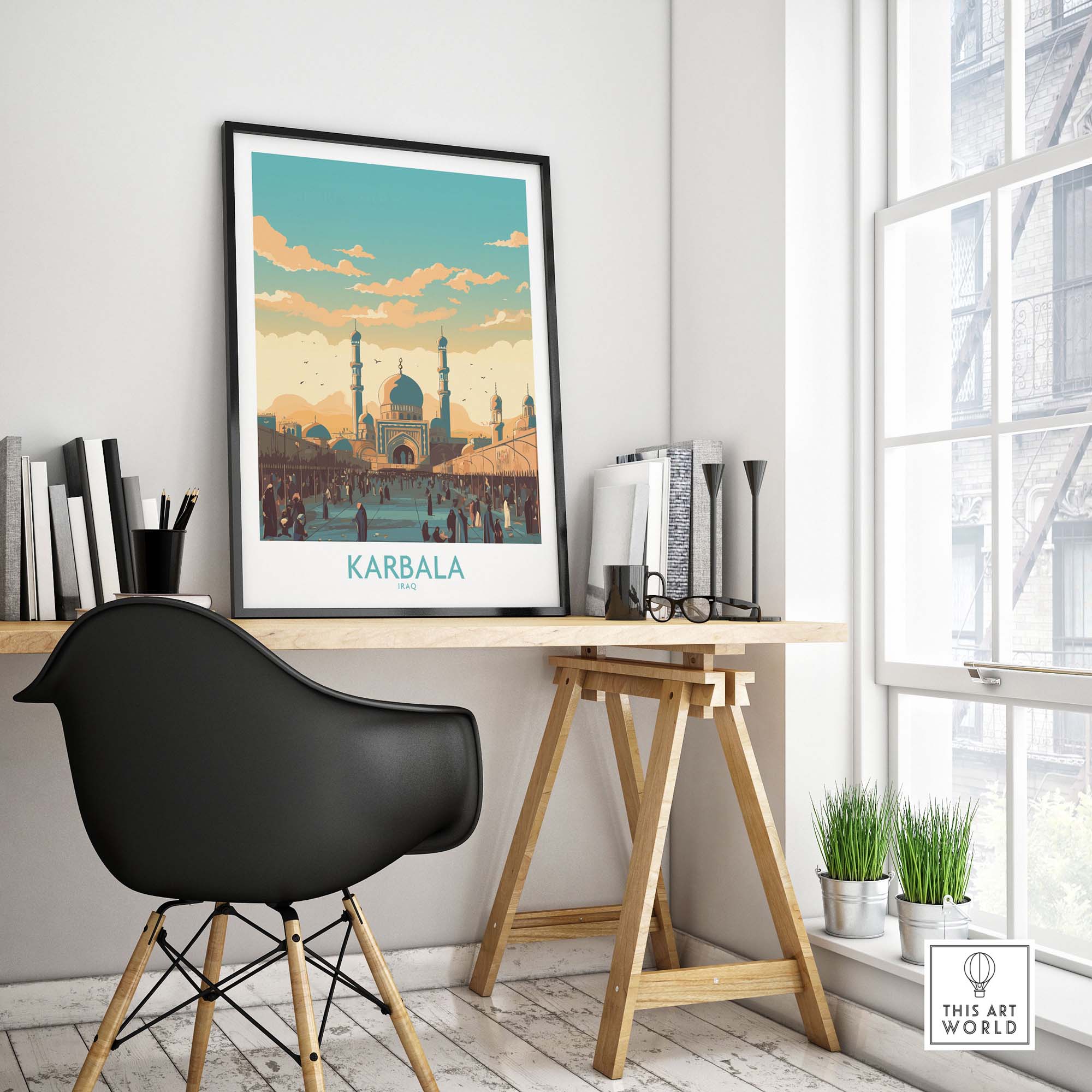 Karbala travel poster print showcasing the vibrant cityscape, ideal for modern home decor.