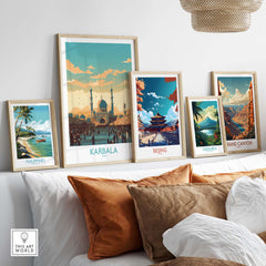 Collection of travel posters including Karbala, showcasing vibrant cityscapes and landscapes in modern frames.