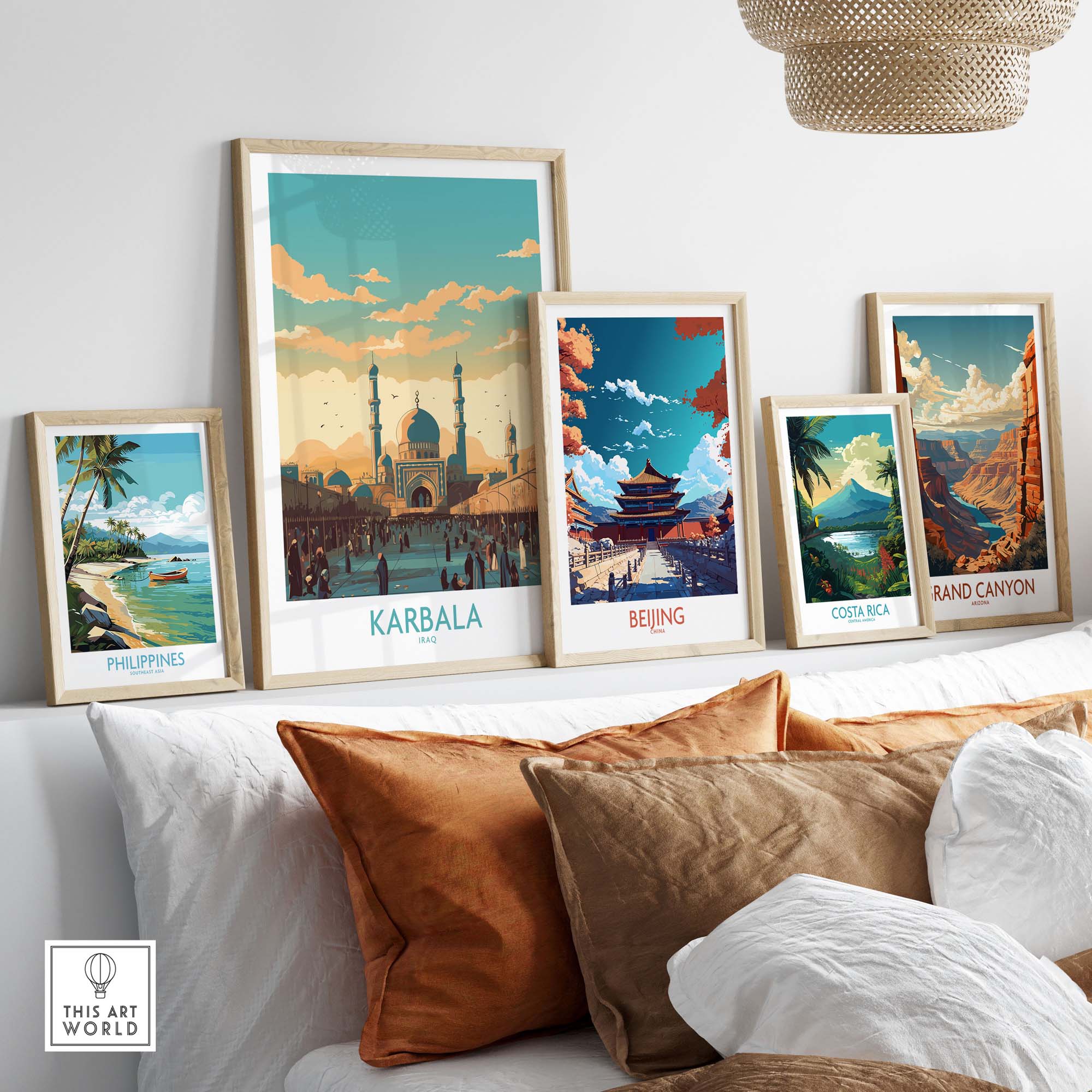 Collection of travel posters including Karbala, showcasing vibrant cityscapes and landscapes in modern frames.