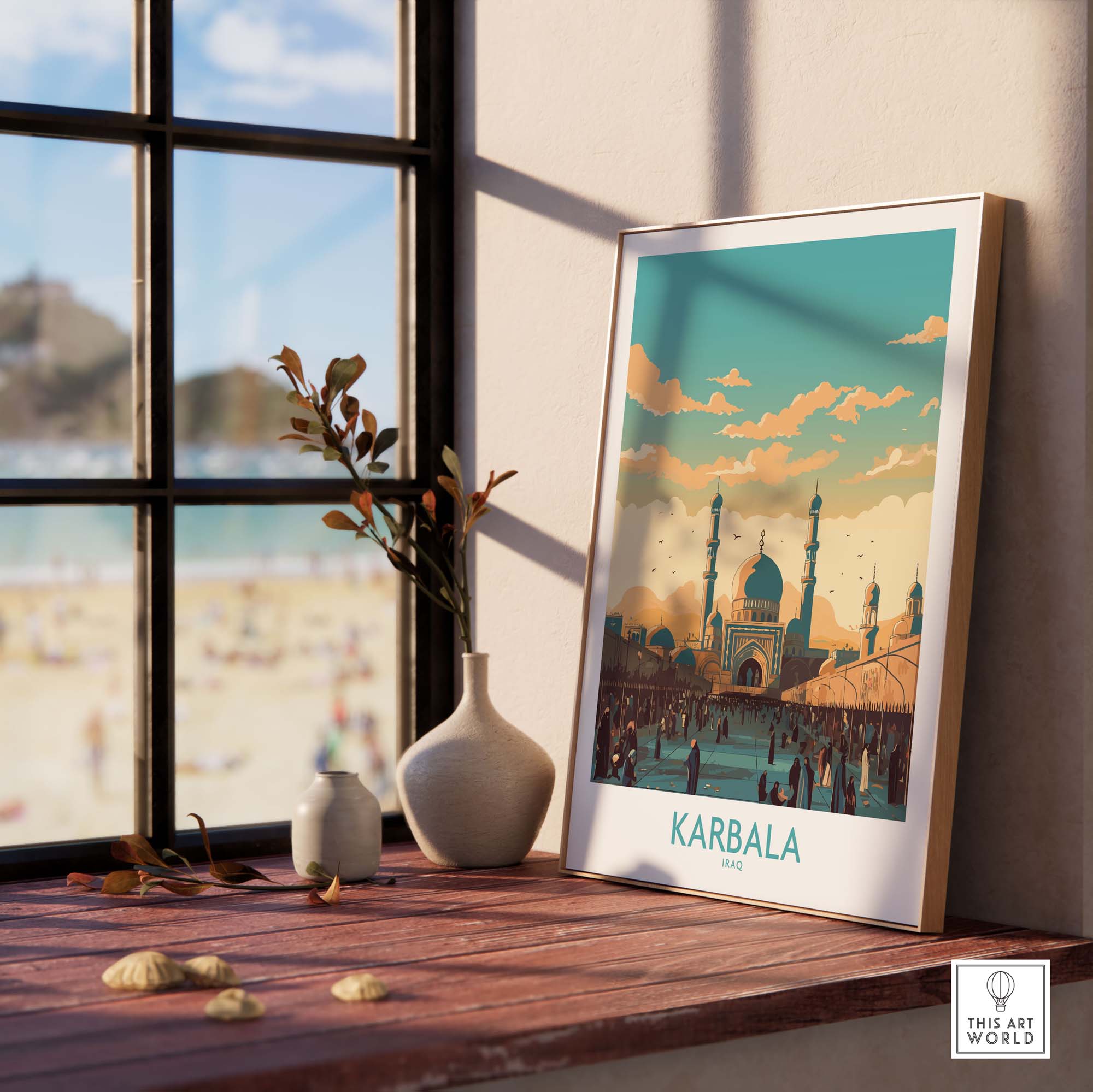 Karbala wall art travel poster featuring vibrant cityscape, adding a modern touch to home décor.